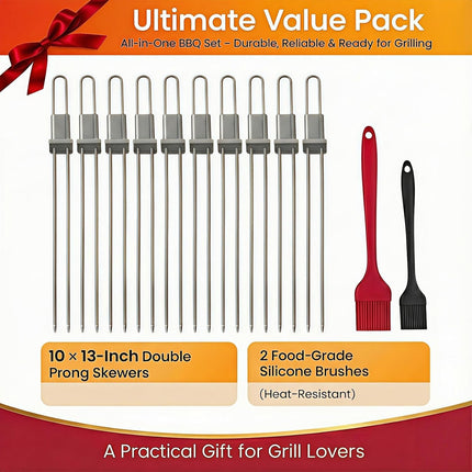 Kabob Skewers for Grilling, 10 Pack 13" Double Pronged with Push Bar, Stainless Steel BBQ Skewers with 2 Brushes, Reusable for Meat, Shrimp, Chicken, Veggie, Perfect for Camping & Family Use..