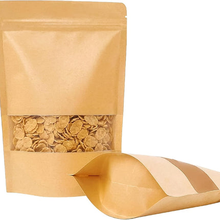 Moretoes 72pcs 5.9x8.6 Inches Kraft Paper Resealable Bags for Small Business, Stand Up Pouches, Food Packaging Bags with Window, Ziplock Coffee Pouches for Small Business.