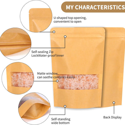 Moretoes 72pcs 5.9x8.6 Inches Kraft Paper Resealable Bags for Small Business, Stand Up Pouches, Food Packaging Bags with Window, Ziplock Coffee Pouches for Small Business.