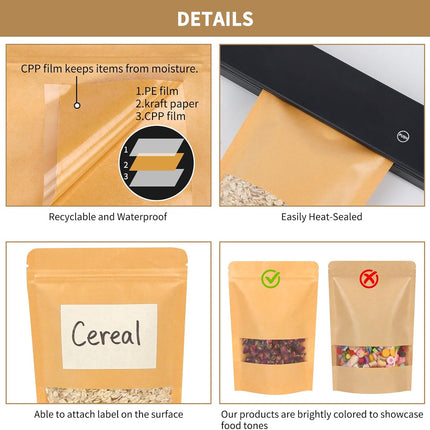 Moretoes 72pcs 5.9x8.6 Inches Kraft Paper Resealable Bags for Small Business, Stand Up Pouches, Food Packaging Bags with Window, Ziplock Coffee Pouches for Small Business.