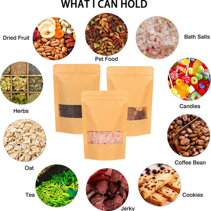 Moretoes 72pcs 5.9x8.6 Inches Kraft Paper Resealable Bags for Small Business, Stand Up Pouches, Food Packaging Bags with Window, Ziplock Coffee Pouches for Small Business.