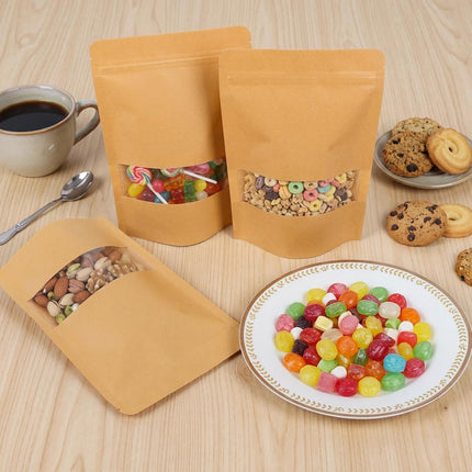 Moretoes 72pcs 5.9x8.6 Inches Kraft Paper Resealable Bags for Small Business, Stand Up Pouches, Food Packaging Bags with Window, Ziplock Coffee Pouches for Small Business.