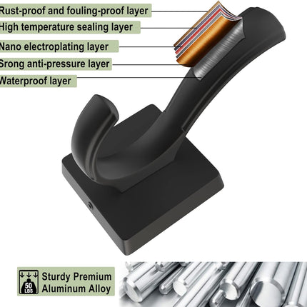 Black Towel Hooks, Coat Robe Hooks Bathroom Entryway Mudroom Pool Hooks for Wall Mount Hanging Towels Bathrobe Key Hat Backpack (2 Pack, Black).