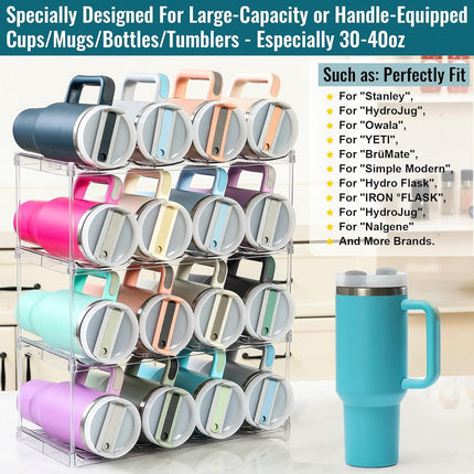 Design for Stanley 40 OZ & Large Bottles & Tumblers with Handle - Acrylic Water Bottle Organizer - Stackable Clear Wine Rack Cup Holder for Home Kitchen Pantry Shelf Countertop Cabinet, 4 Tier Hold 16.