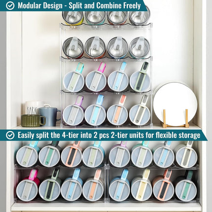 Design for Stanley 40 OZ & Large Bottles & Tumblers with Handle - Acrylic Water Bottle Organizer - Stackable Clear Wine Rack Cup Holder for Home Kitchen Pantry Shelf Countertop Cabinet, 4 Tier Hold 16.