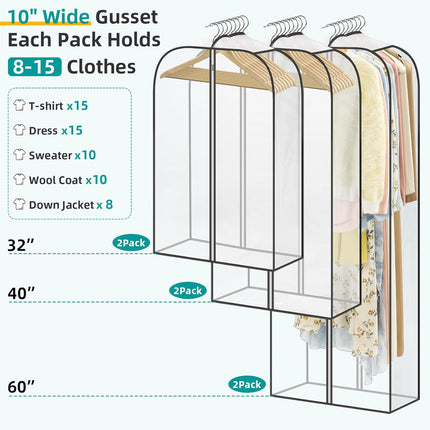 LANDNEOO 6 Pack Clear Garment Bags for Hanging Clothes with Zippers on Double Sides - 10'' Clothes Storage for Coat, Dress, and Fur in Closet - 32&40&60" Long Suit Bags.