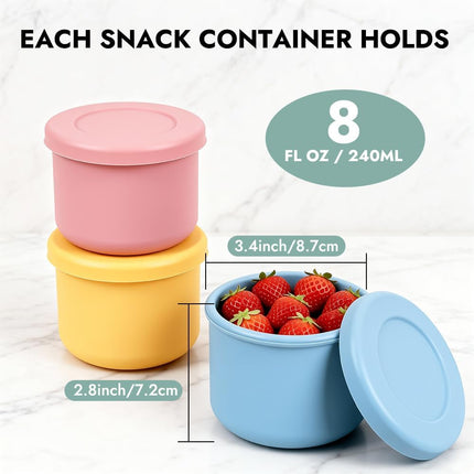 YQL 4 Pack 8.5 oz Silicone Snack Containers, Reusable Round Silicone Food Storage Containers with Lids, Leak-Proof and Portable Lunch Boxes for Travel, Picnics, Office.