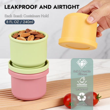 YQL 4 Pack 8.5 oz Silicone Snack Containers, Reusable Round Silicone Food Storage Containers with Lids, Leak-Proof and Portable Lunch Boxes for Travel, Picnics, Office.