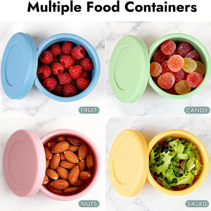 YQL 4 Pack 8.5 oz Silicone Snack Containers, Reusable Round Silicone Food Storage Containers with Lids, Leak-Proof and Portable Lunch Boxes for Travel, Picnics, Office.