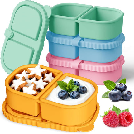 YQL 4 Pack Silicone Snack Containers with Leakproof Lids, Double-Compartment Bento Boxes for Kids & Adults, Reusable Food Storage for Snacks, Sauces, Lunch, Travel, and Meal Prep.