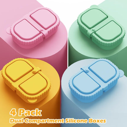 YQL 4 Pack Silicone Snack Containers with Leakproof Lids, Double-Compartment Bento Boxes for Kids & Adults, Reusable Food Storage for Snacks, Sauces, Lunch, Travel, and Meal Prep.