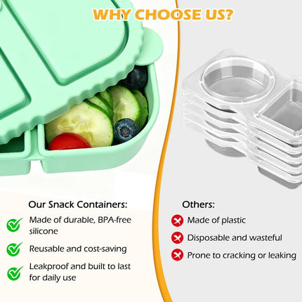 YQL 4 Pack Silicone Snack Containers with Leakproof Lids, Double-Compartment Bento Boxes for Kids & Adults, Reusable Food Storage for Snacks, Sauces, Lunch, Travel, and Meal Prep.