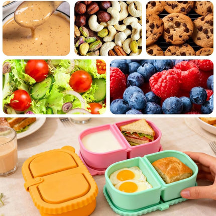 YQL 4 Pack Silicone Snack Containers with Leakproof Lids, Double-Compartment Bento Boxes for Kids & Adults, Reusable Food Storage for Snacks, Sauces, Lunch, Travel, and Meal Prep.