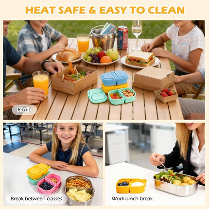 YQL 4 Pack Silicone Snack Containers with Leakproof Lids, Double-Compartment Bento Boxes for Kids & Adults, Reusable Food Storage for Snacks, Sauces, Lunch, Travel, and Meal Prep.