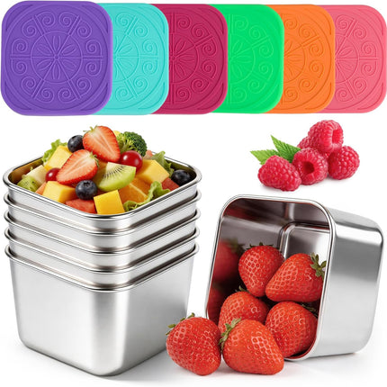 YQL 6-Pack 6oz Square Stainless Steel Snack Containers – Leakproof Metal Food Storage with Colorful Silicone Lids, Reusable Small Boxes for Travel & Meal Prep.
