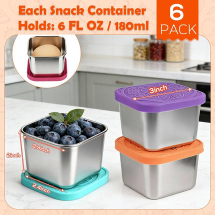 YQL 6-Pack 6oz Square Stainless Steel Snack Containers – Leakproof Metal Food Storage with Colorful Silicone Lids, Reusable Small Boxes for Travel & Meal Prep.