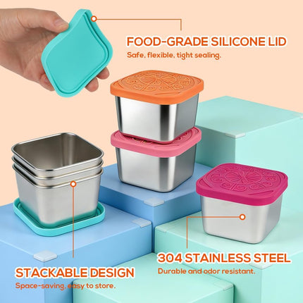 YQL 6-Pack 6oz Square Stainless Steel Snack Containers – Leakproof Metal Food Storage with Colorful Silicone Lids, Reusable Small Boxes for Travel & Meal Prep.