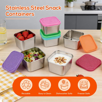 YQL 6-Pack 6oz Square Stainless Steel Snack Containers – Leakproof Metal Food Storage with Colorful Silicone Lids, Reusable Small Boxes for Travel & Meal Prep.