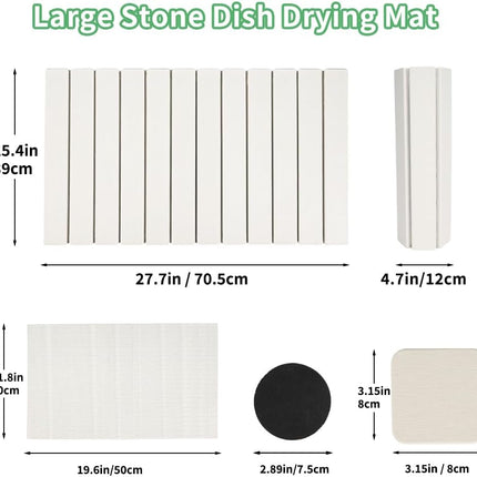 YQL Extra Large Stone Dish Quick Drying Mat Set for Kitchen Counter, 27.7"x15.4" Foldable Diatomaceous Absorbent Earth Mat for Bottles and Cups with 2-Pack Stone Coasters, Quick-Dry Dish Drying Pan.