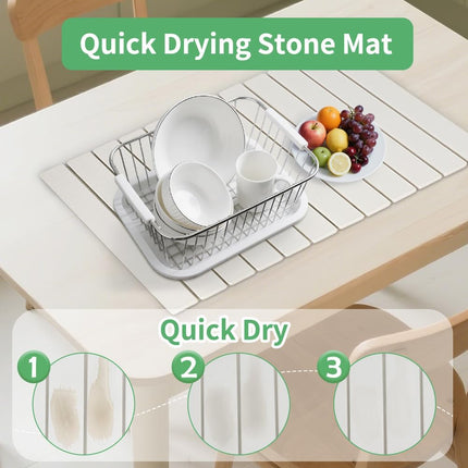YQL Extra Large Stone Dish Quick Drying Mat Set for Kitchen Counter, 27.7"x15.4" Foldable Diatomaceous Absorbent Earth Mat for Bottles and Cups with 2-Pack Stone Coasters, Quick-Dry Dish Drying Pan.