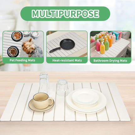 YQL Extra Large Stone Dish Quick Drying Mat Set for Kitchen Counter, 27.7"x15.4" Foldable Diatomaceous Absorbent Earth Mat for Bottles and Cups with 2-Pack Stone Coasters, Quick-Dry Dish Drying Pan.