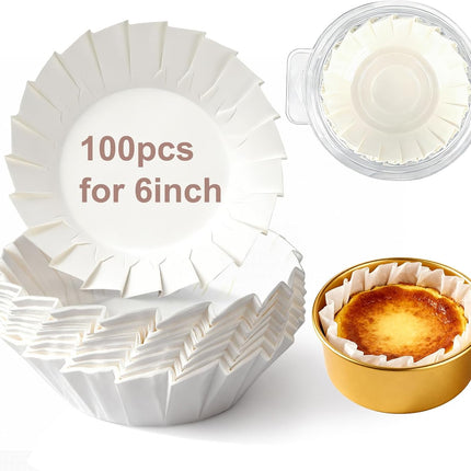 YQL 100PCS 6 Inch Disposable Basque Cake Liners, Non-Stick Parchment Baking Cups for Cheesecake, Muffin, Cupcake, Heat-Resistant Wrappers for Oven, Air Fryer, Microwave, White.