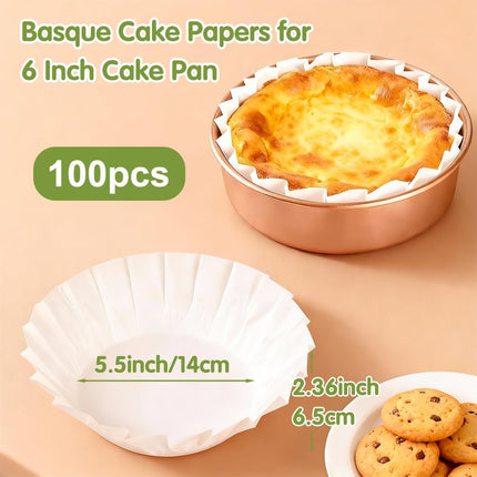 YQL 100PCS 6 Inch Disposable Basque Cake Liners, Non-Stick Parchment Baking Cups for Cheesecake, Muffin, Cupcake, Heat-Resistant Wrappers for Oven, Air Fryer, Microwave, White.