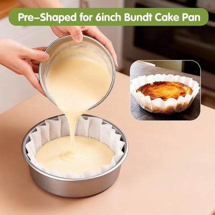 YQL 100PCS 6 Inch Disposable Basque Cake Liners, Non-Stick Parchment Baking Cups for Cheesecake, Muffin, Cupcake, Heat-Resistant Wrappers for Oven, Air Fryer, Microwave, White.
