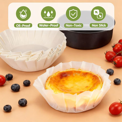 YQL 100PCS 6 Inch Disposable Basque Cake Liners, Non-Stick Parchment Baking Cups for Cheesecake, Muffin, Cupcake, Heat-Resistant Wrappers for Oven, Air Fryer, Microwave, White.