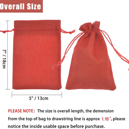 50Pcs Burlap Gift Bags 5 x 7 Inch, Red Linen Drawstring Christmas Candy Bags, Jute Sacks Jewelry Pouches Wedding Party Favor Bags.