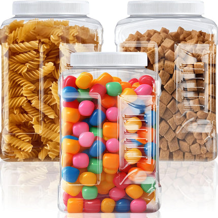 3 Pcs 1 Gallon Clear Plastic Jar with Lid Wide Mouth Square Screw Top Food Storage Containers, PET Plastic Empty Grip Jar Canisters for Candy Cookies Kitchen Food Safe(White Lid).