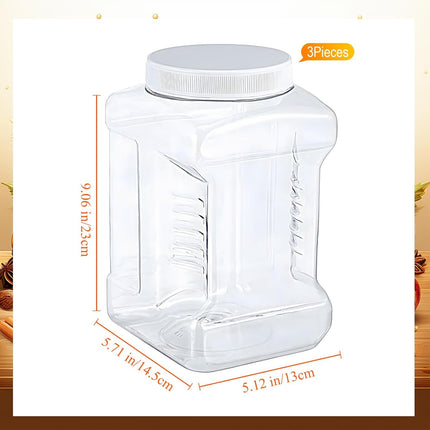 3 Pcs 1 Gallon Clear Plastic Jar with Lid Wide Mouth Square Screw Top Food Storage Containers, PET Plastic Empty Grip Jar Canisters for Candy Cookies Kitchen Food Safe(White Lid).