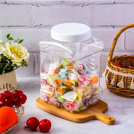 3 Pcs 1 Gallon Clear Plastic Jar with Lid Wide Mouth Square Screw Top Food Storage Containers, PET Plastic Empty Grip Jar Canisters for Candy Cookies Kitchen Food Safe(White Lid).