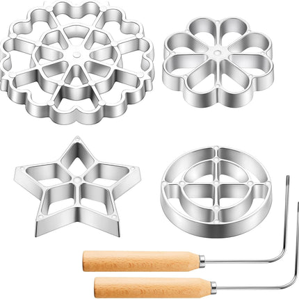 6 Pcs Rosette Iron Mold Set Bunuelos Mold with Handle Cooking Stamp Maker Kit Cookie Cutter Aluminum Alloy Waffle Maker with 3 Interchangeable Head Star Flower Circle(Wood).