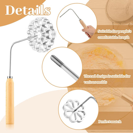 6 Pcs Rosette Iron Mold Set Bunuelos Mold with Handle Cooking Stamp Maker Kit Cookie Cutter Aluminum Alloy Waffle Maker with 3 Interchangeable Head Star Flower Circle(Wood).