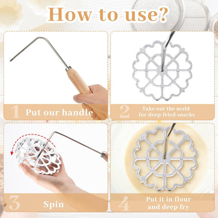 6 Pcs Rosette Iron Mold Set Bunuelos Mold with Handle Cooking Stamp Maker Kit Cookie Cutter Aluminum Alloy Waffle Maker with 3 Interchangeable Head Star Flower Circle(Wood).