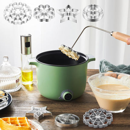 6 Pcs Rosette Iron Mold Set Bunuelos Mold with Handle Cooking Stamp Maker Kit Cookie Cutter Aluminum Alloy Waffle Maker with 3 Interchangeable Head Star Flower Circle(Wood).