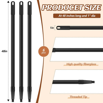 6 Pcs Fiberglass Broom Handle Replacement Handle Broom Stick Pole with Threaded Tip for Commercial Cleaning, 1" Dia x 48" Long, Black.