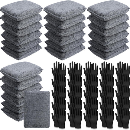 24 Set Wood Stain Applicators and Disposable Latex Gloves Microfiber Stain Sponge Pads for Wood and Oil Based Finishes(Gray).