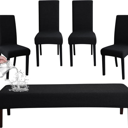 FORCHEER Dining Chair Covers and Bench Covers Set Waterproof Black Jacquard 4 Dining Room Chair and Bench Slipcover Washable.