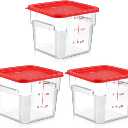 3 Sets 6 Qt Square Food Storage Containers with Lids Dough Proofing Bucket Commercial Polycarbonate Containers with Scale Clear Airtight Cereal for Pantry Home Restaurant (Red).