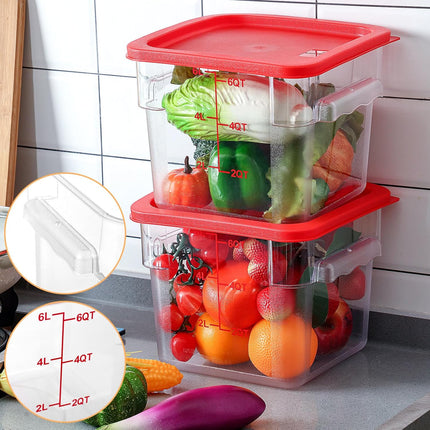 3 Sets 6 Qt Square Food Storage Containers with Lids Dough Proofing Bucket Commercial Polycarbonate Containers with Scale Clear Airtight Cereal for Pantry Home Restaurant (Red).