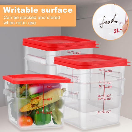 3 Sets 6 Qt Square Food Storage Containers with Lids Dough Proofing Bucket Commercial Polycarbonate Containers with Scale Clear Airtight Cereal for Pantry Home Restaurant (Red).
