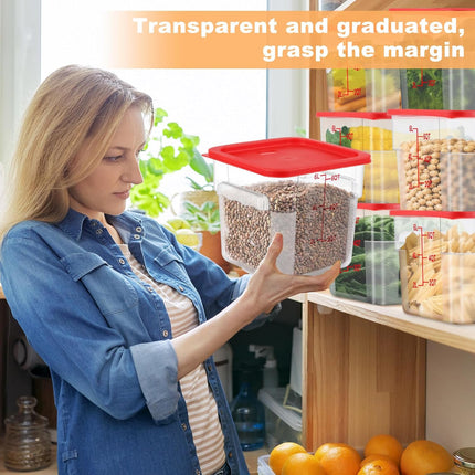 3 Sets 6 Qt Square Food Storage Containers with Lids Dough Proofing Bucket Commercial Polycarbonate Containers with Scale Clear Airtight Cereal for Pantry Home Restaurant (Red).