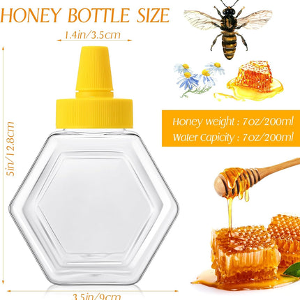 64 Pcs 7 oz Honey Squeeze Bottle Plastic Empty Beehive Bottle Jar with Spout Lid Clear Refillable Honey Containers for Condiment Storing and Dispensing Dispenser (Hexagon).