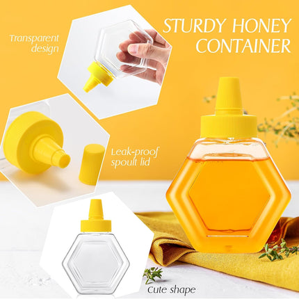 64 Pcs 7 oz Honey Squeeze Bottle Plastic Empty Beehive Bottle Jar with Spout Lid Clear Refillable Honey Containers for Condiment Storing and Dispensing Dispenser (Hexagon).