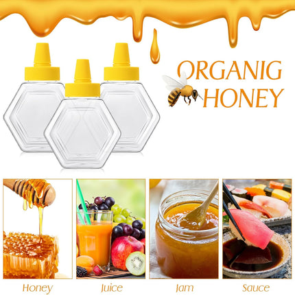 64 Pcs 7 oz Honey Squeeze Bottle Plastic Empty Beehive Bottle Jar with Spout Lid Clear Refillable Honey Containers for Condiment Storing and Dispensing Dispenser (Hexagon).