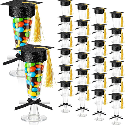 24 Sets 2026 Graduation Party Decoration Plastic Champagne Flutes Mini Grad Cap Bottle Toppers Goblet Covers with Tassel and Scroll Diploma Black Bow DIY Graduation Cap Favors for Table Decor.