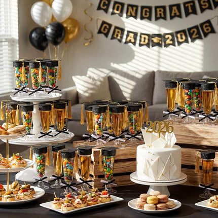 24 Sets 2026 Graduation Party Decoration Plastic Champagne Flutes Mini Grad Cap Bottle Toppers Goblet Covers with Tassel and Scroll Diploma Black Bow DIY Graduation Cap Favors for Table Decor.