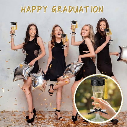 24 Sets 2026 Graduation Party Decoration Plastic Champagne Flutes Mini Grad Cap Bottle Toppers Goblet Covers with Tassel and Scroll Diploma Black Bow DIY Graduation Cap Favors for Table Decor.